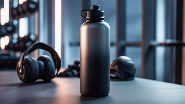 Water bottle in gym environment image for mockup design