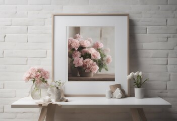 mock composition poster render brick interior flowers wall white 3d black shelf creative who floor closeup decoration canvas bookshelf concrete nobody what grey portfolio blank retro old template