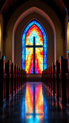 Colorful stained glass window reflecting on polished floor inside a church.