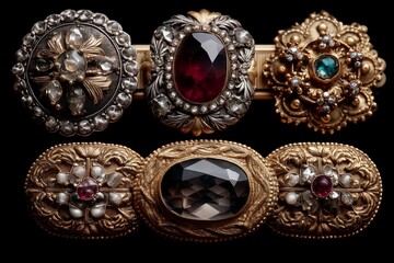 Obraz premium Vintage brooches on plain jet-black background no shadows, antique jewelry, intricate details