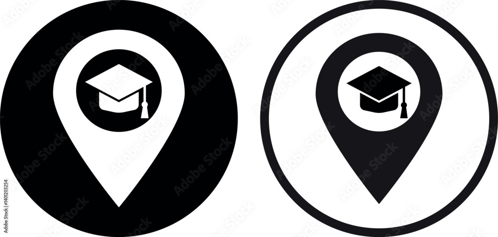 Poster university location pin icon set in two styles . map pointer with graduation cap icon . vector illus