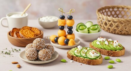 Assortment of healthy snacks including fruit balls toast and melon skewers.