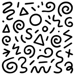 Hand-drawn black doodle pattern featuring spirals, triangles, squiggles, and geometric shapes on a clean white background. Vector illustration