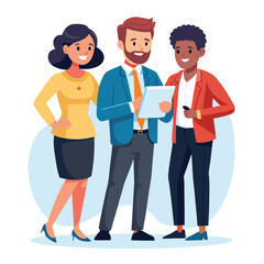 Obraz premium three-diverse-business-partners-standing-and-discus vector image on white background