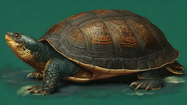 Realistic depiction of a turtle on a green background, showcasing its intricate shell patterns and textures