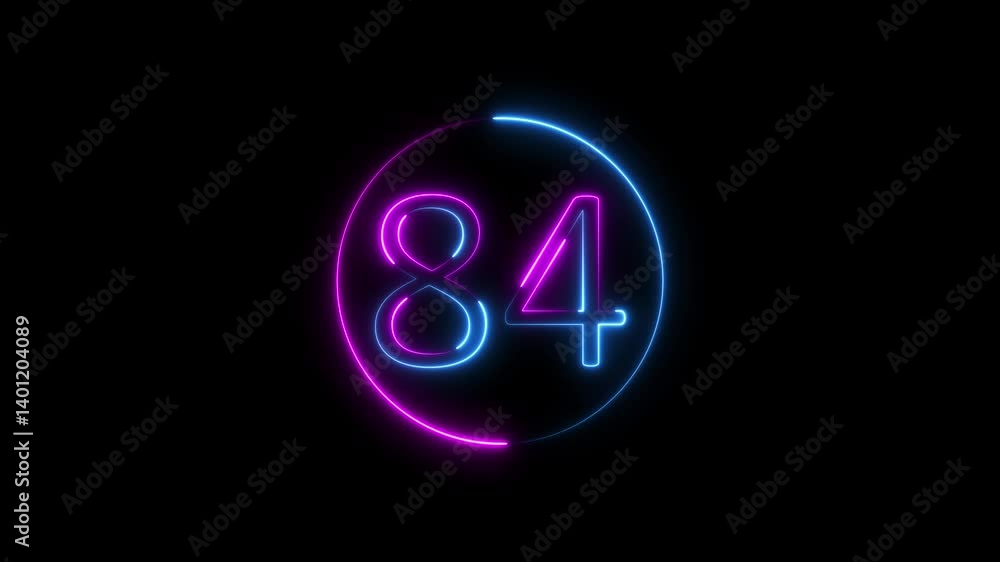 Poster abstract glowing neon text 84 number countdown icon. glowing sign on black background neon number 84