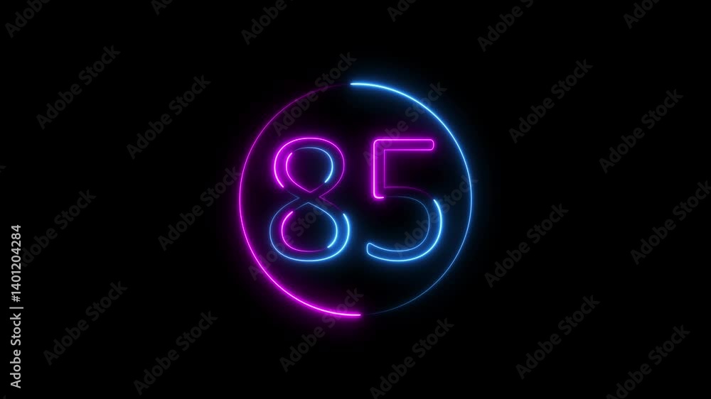 Poster abstract glowing neon text 85 number countdown icon. glowing sign on black background neon number 85