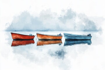 Tranquil Boats at Dawn - Three small boats gently bob on a calm lake, bathed in the soft light of early morning. A watercolor-like effect adds to the serene atmosphere