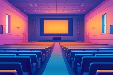 Modern Cinema Auditorium with Colorful Seating and Digital Interior Design