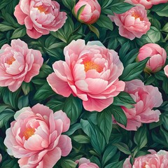 Fototapeta premium Lush Pink Peony Floral Pattern with Green Leaves and Textures