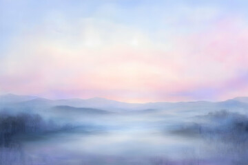 Fototapeta premium Serene foggy sunrise over a countryside landscape with soft pastel hues