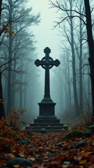 A misty graveyard with a Christian cross monument at night.