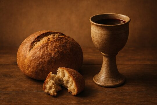 Bread and wine symbolizing the Last Supper and the body and blood of Christ in Holy Communion 
