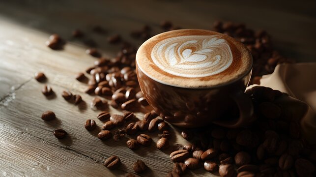 Coffee cup with latte art surrounded by scattered beans on a wooden surface in vertical format.