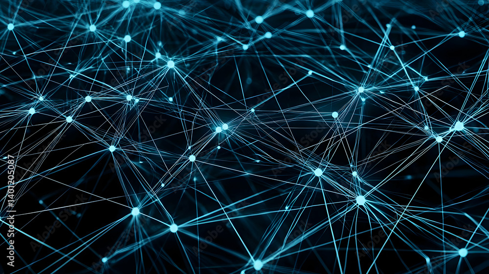Poster abstract network design with light blue lines and dots on dark background