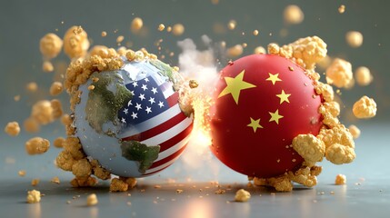 Conflict symbolized by country spheres crashing, trade war economic impact visual,