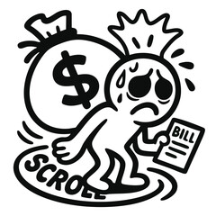 Financial stress concept with sad character and bills