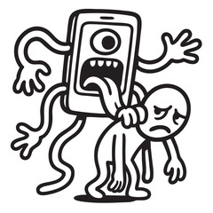 Phone addiction concept with tired cartoon figure