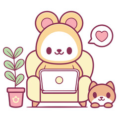 Cute Bear Character Working on Laptop with Dog, Potted Plant and Heart Icon