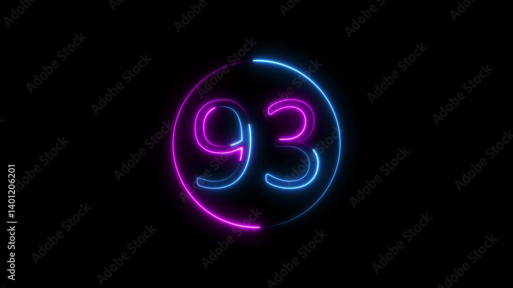 Poster neon glowing text 93 number countdown icon on black background 4k animation. neon number 93 with alp