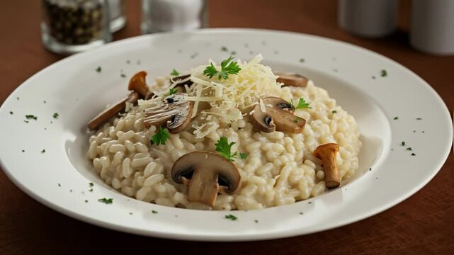 Creamy mushroom risotto with sliced champignons and chanterelles in a white bowl, garnished with parmesan cheese and parsley, representing classic italian cuisine and comfort food dining