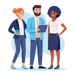 Obraz premium three-diverse-business-partners-standing-and-discus vector image on white background