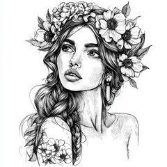 Fototapeta premium Elegant woman with floral crown and intricate braid, representing beauty and nature in a delicate artistic style