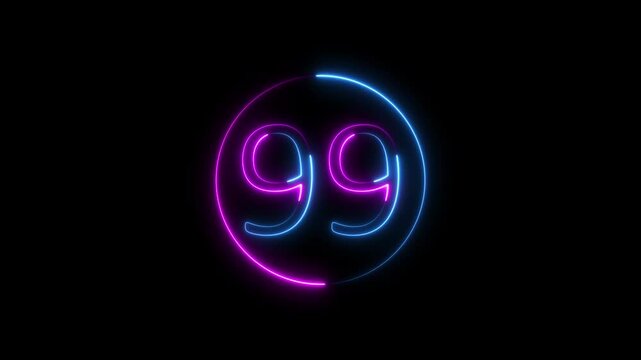 Neon text 99 number icon background. neon glowing countdown number 99, Number 99 Animation. 99 percentage discount animated.