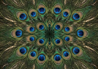 Peacock feather kaleidoscope pattern displaying vibrant colors and intricate designs