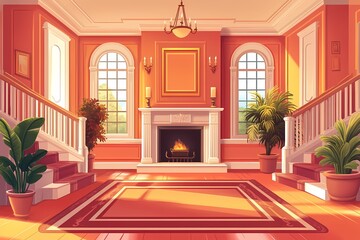 Cozy Living Room Interior with Fireplace and Natural Light: Inviting Design with Warm Colors, Elegant Detailing, and Relaxation-Friendly Furnishings