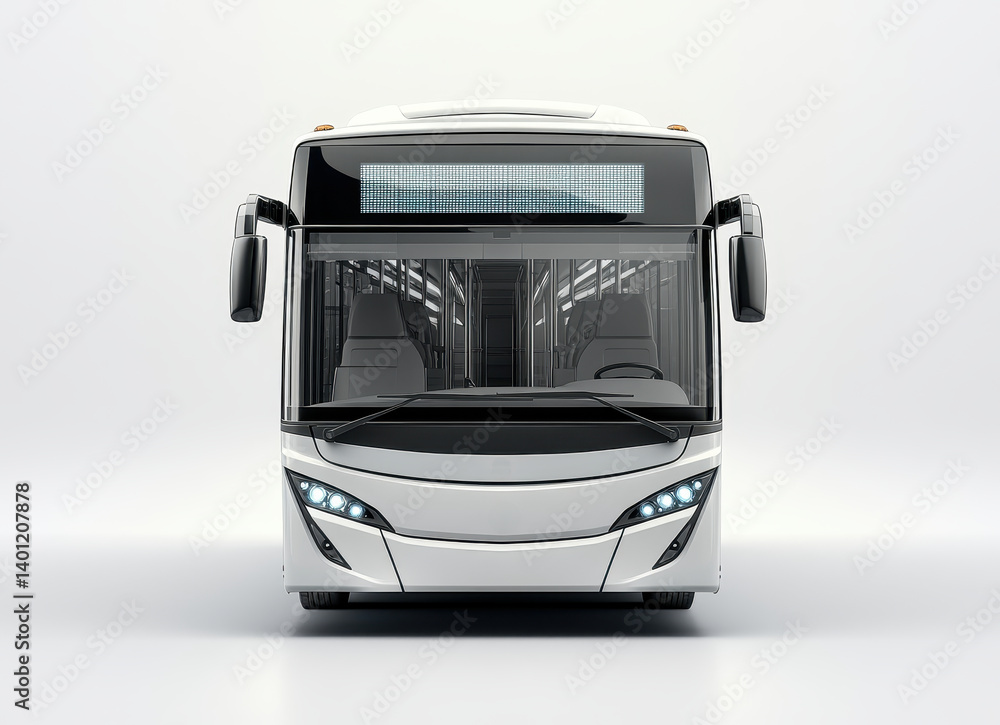 Poster front view of a modern motorbus with sleek design and led headlights isolated on white background