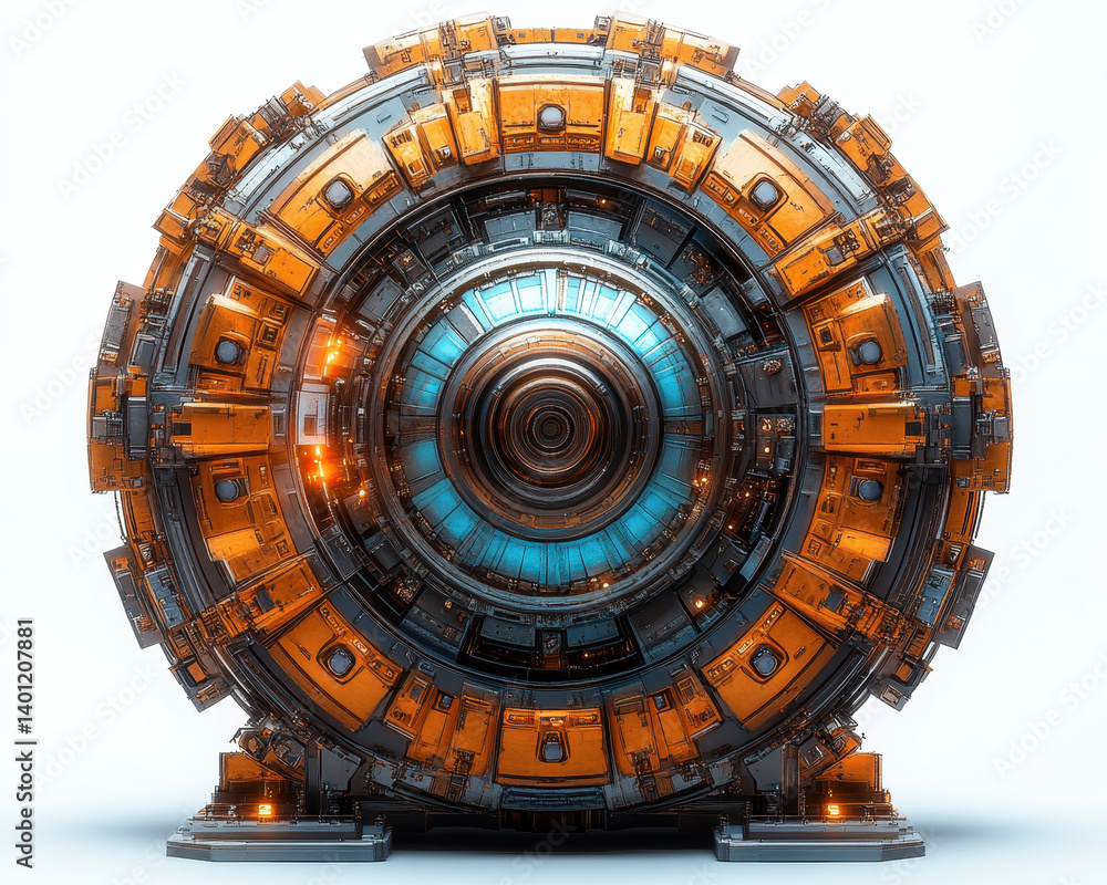Poster high-quality image of futuristic collider device isolated on pure white background with intricate de