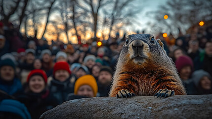 Groundhog Day celebration with crowds and a groundhog looking out at onlookers