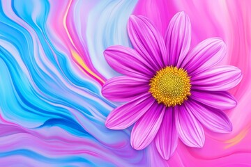 Obraz premium Vibrant Pink Flower on Abstract Background - Close-up of a vibrant pink daisy-like flower on an abstract swirl background of pink, blue, and purple hues