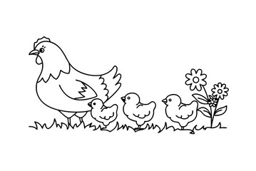 Hen With Chicks In Black And White Line Art Vector Illustration