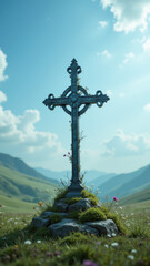 A cross standing on a rocky hill with mountains in the background, symbolizing Christianity's presence and faith.