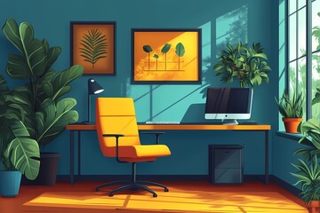 Modern Home Office with Stylish Workspace, Green Plants, and Vibrant Decor for a Productivity Boost