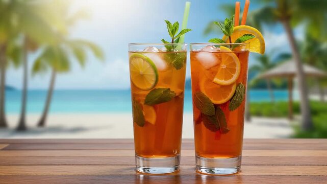 Two refreshing iced tea cocktails garnished with citrus and mint on wood surface against blurred tropical beach background, representing summer vacation, relaxation, or beach bar drinks menu