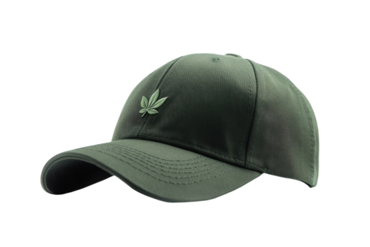 Stylish Olive Green Corduroy Baseball Cap with Subtle Cannabis Leaf Detail on transparent background