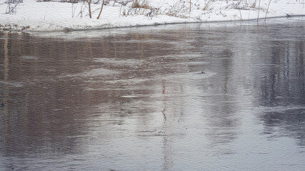 Body of water with a reflection of trees and snow
