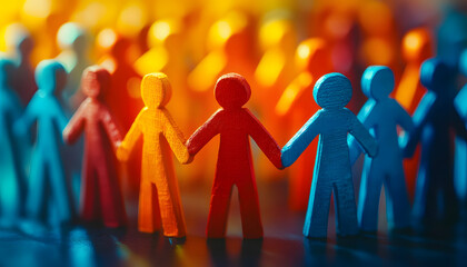 Colorful abstract figures holding hands, symbolizing cooperation and unity in a vibrant community