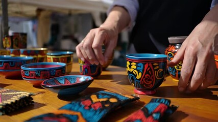 Hands arranging colorful painted handmade pottery on a wooden table at an outdoor market stall, showcasing artisan crafts, representing local market shopping or cultural tourism souvenirs