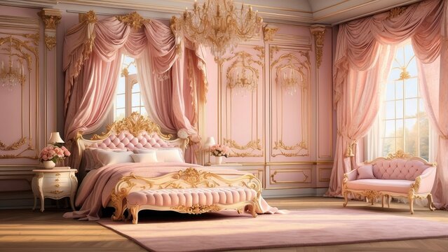 araffe bedroom with pink bed and pink curtains and a chandelier, royal interior, beautiful render of a fairytale