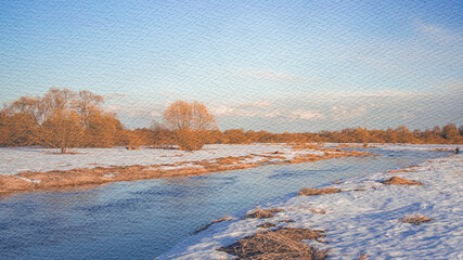River with a snowy bank and trees in the background