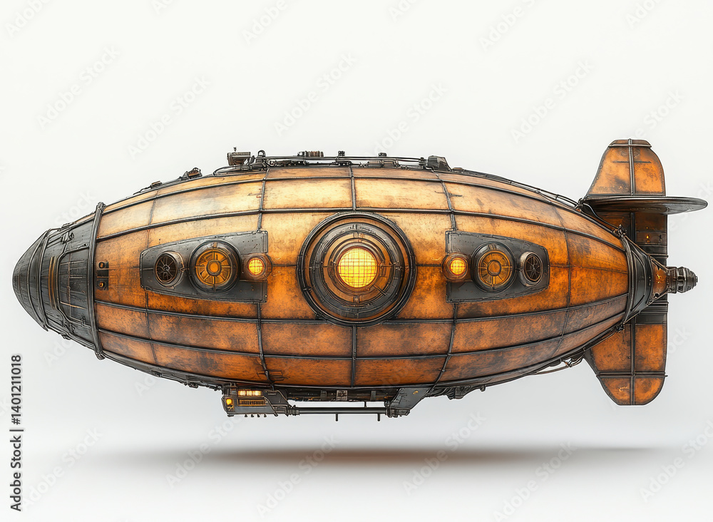 Poster airship front view isolated on white with steampunk design and detailed structure for conceptual art