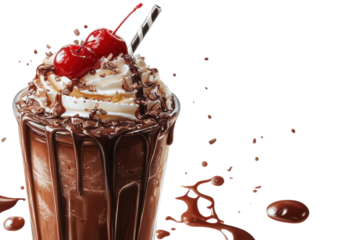 Indulge in a decadent chocolate milkshake topped with whipped cream on transparent background