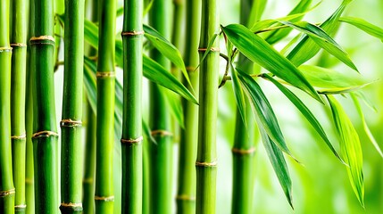 Close-up of vibrant green bamboo stalks with leaves, creating a serene and natural backdrop