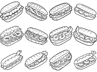 Shrimp po boy sandwich outline vector set isolated on white background.