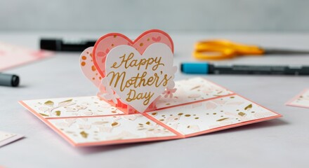Creative Mother's day card design with heart-shaped pop-up element