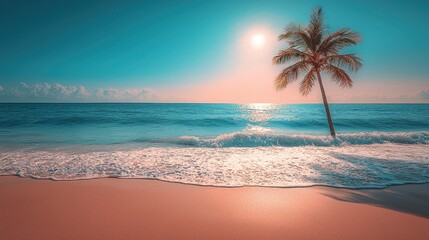 Fototapeta premium Serene Tropical Sunrise: Palm Tree on Pristine Beach